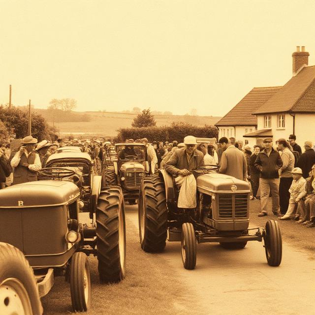 Sepia photograph of vintage tractors passing through a village in the 1970s