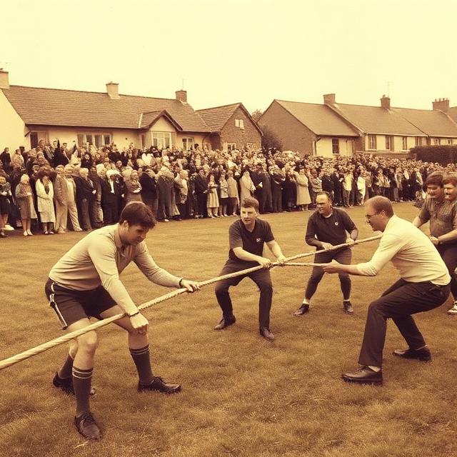 Sepia photograph of a tug of war team competing in the 1980s