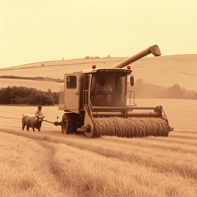 Sepia photograph of a threshing machine working an Irish field