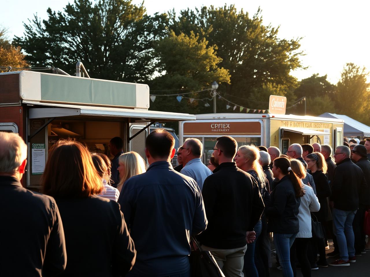 Visitors queueing at food trucks in evening light