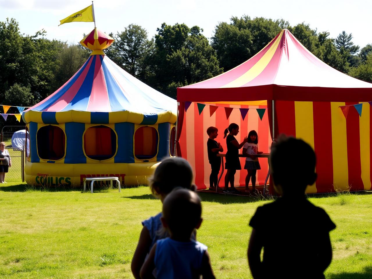 A bouncy castle and face painting tent in the children's area