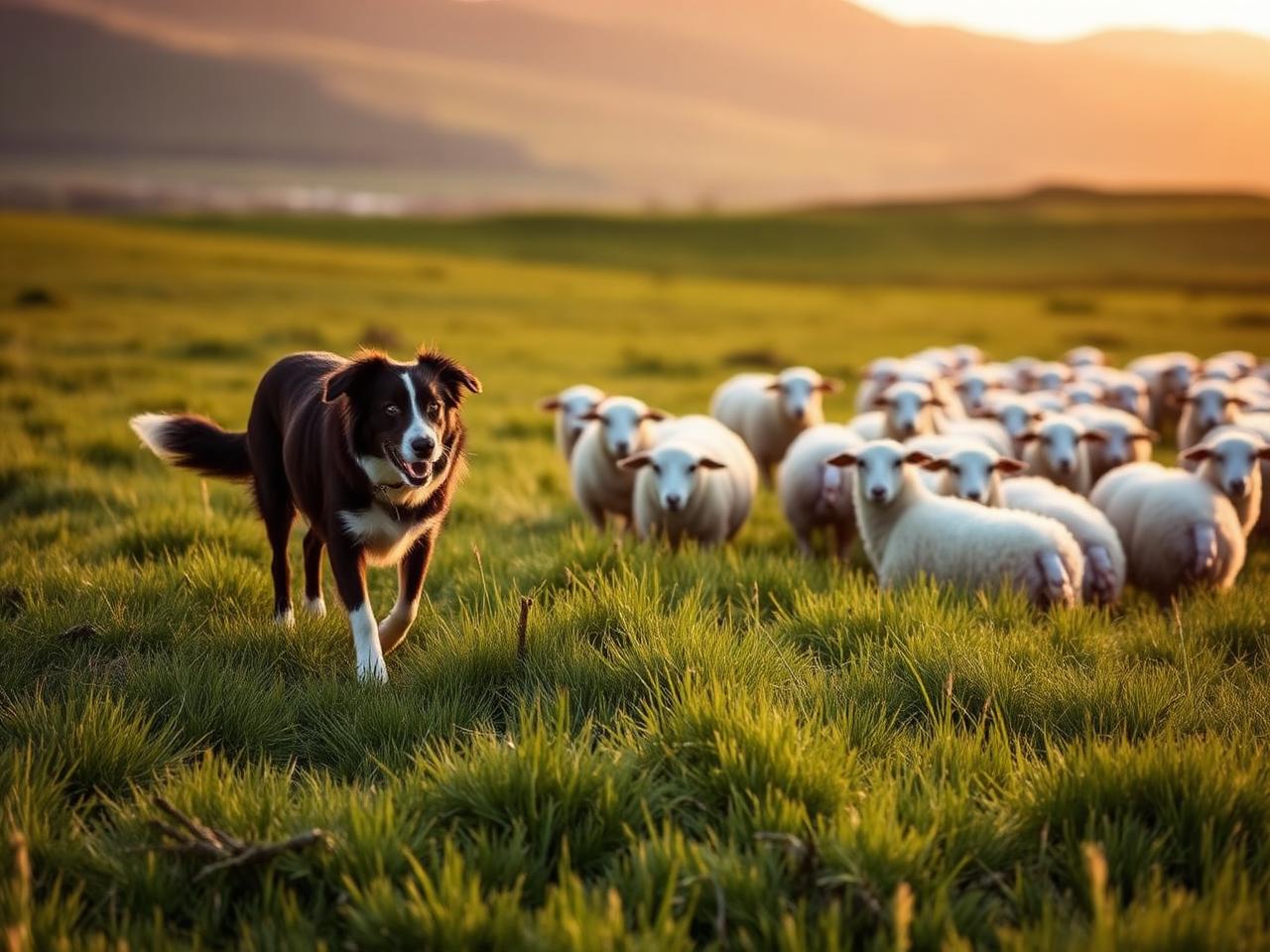 A border collie working a flock of sheep in a green field