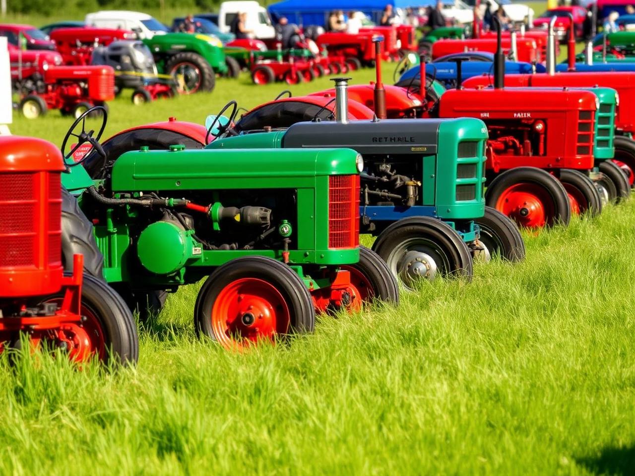 A long line of restored vintage tractors parked on grass at the festival