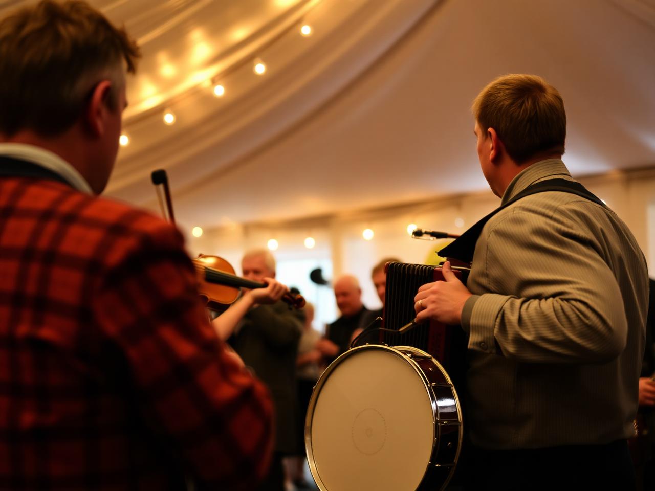 Traditional Irish musicians playing fiddle and accordion inside a marquee