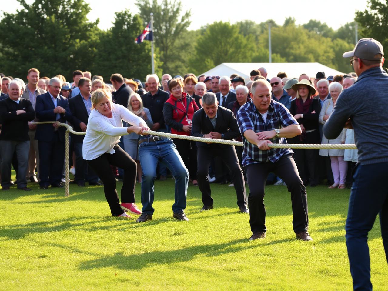 Two tug of war teams straining on a rope with a crowd watching